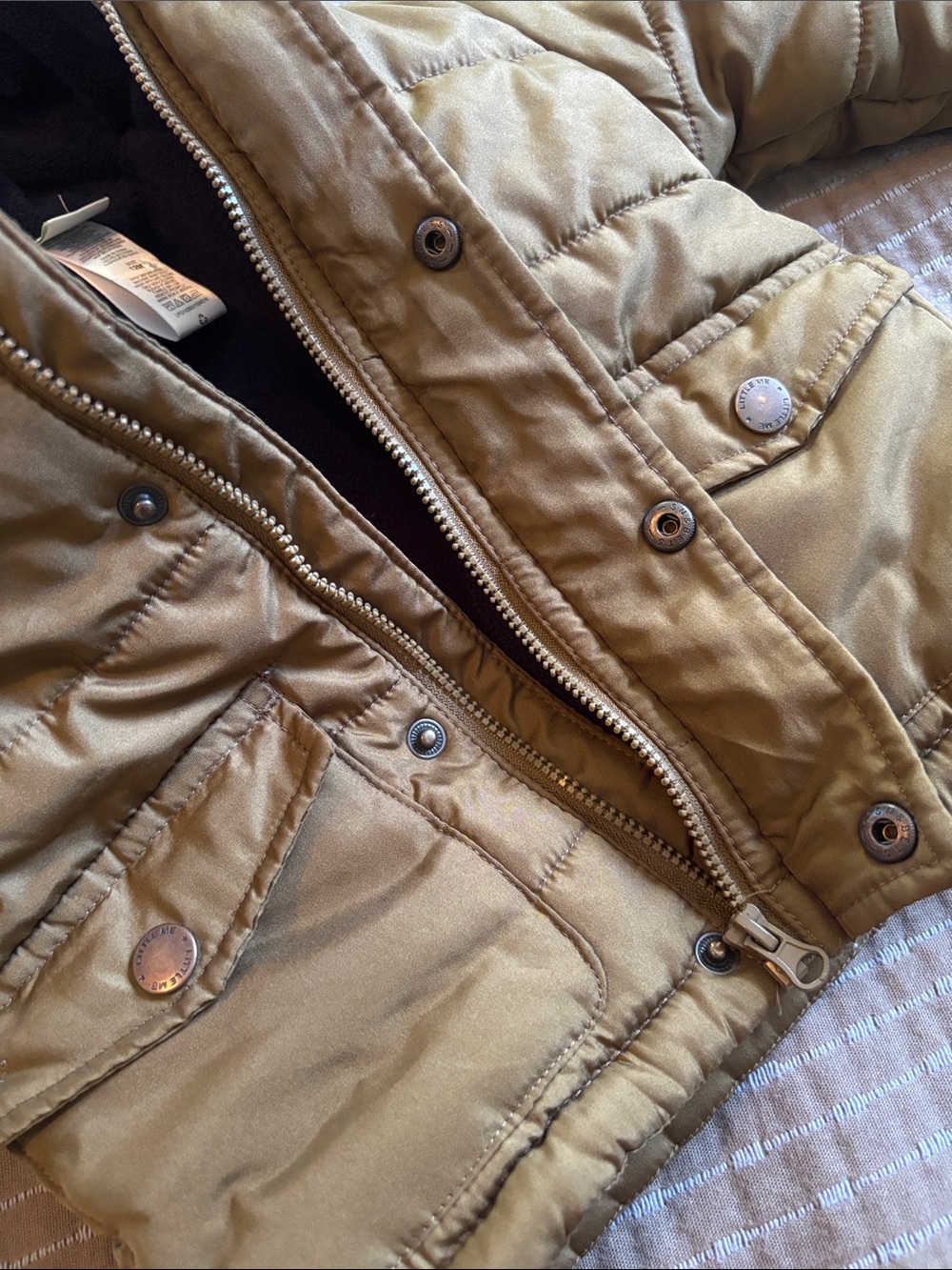 Little Me Baby Olive Green Hooded Puffer Jacket Fleece Lined Size 12M - Picture 7 of 7